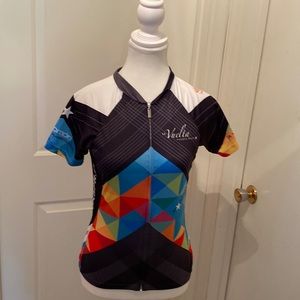 Biking jacket with pockets in the back.